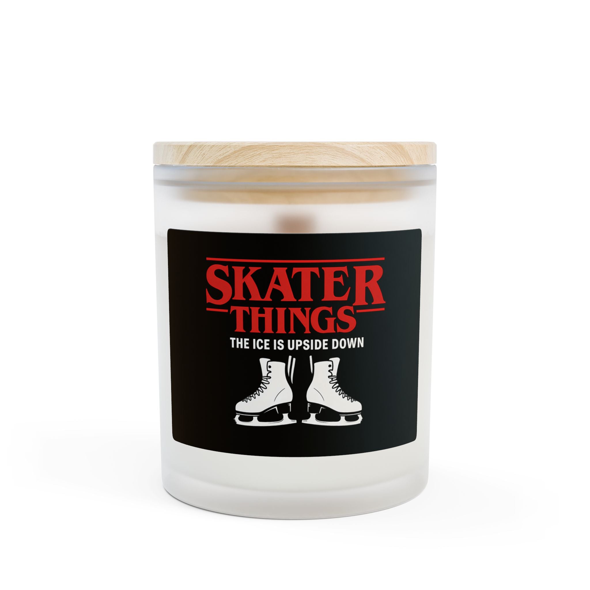 Candle with a wooden lid and 'Skater Things' label on a white background