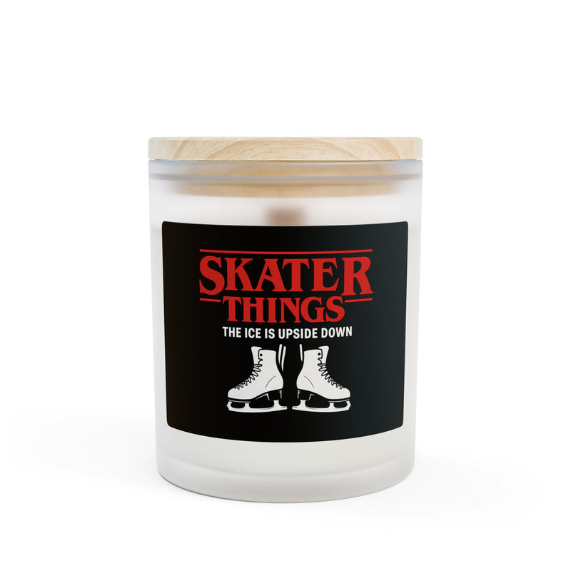 Candle with a wooden lid and 'Skater Things' label on a white background