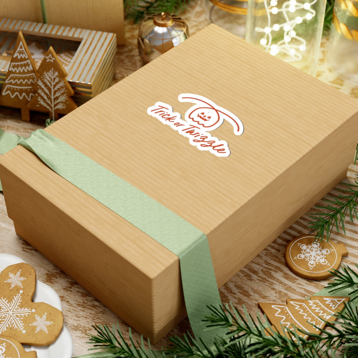 Wooden gift box with a green ribbon and 'Tickle or Twizzle' logo on a festive background with cookies and lights.