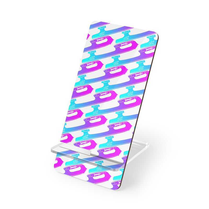 Phone stand with colorful pattern on a white background