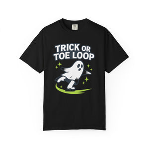 Black t-shirt with a ghost graphic and 'Trick or Toe Loop' text on a white background