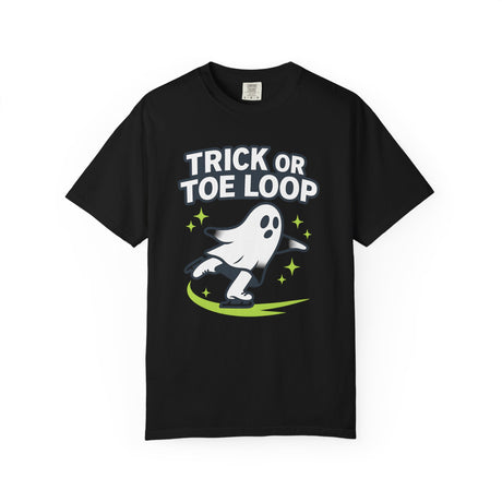 Black t-shirt with a ghost graphic and 'Trick or Toe Loop' text on a white background