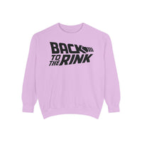 Light purple sweatshirt with 'Back to the Rink' text on a white background