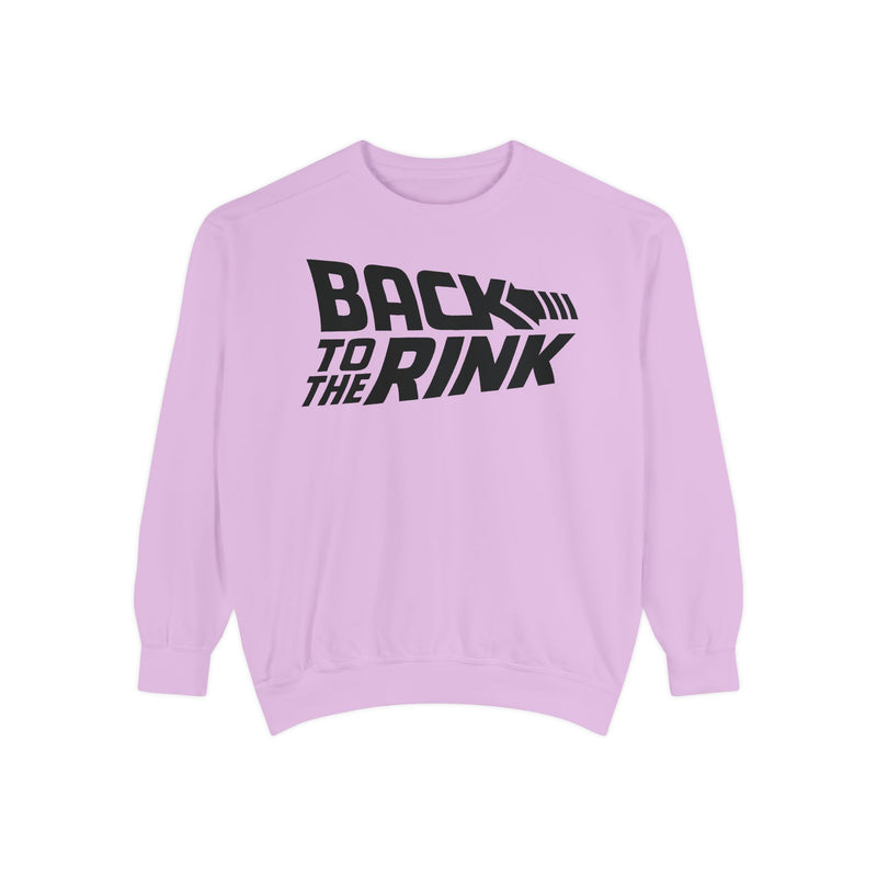Light purple sweatshirt with 'Back to the Rink' text on a white background
