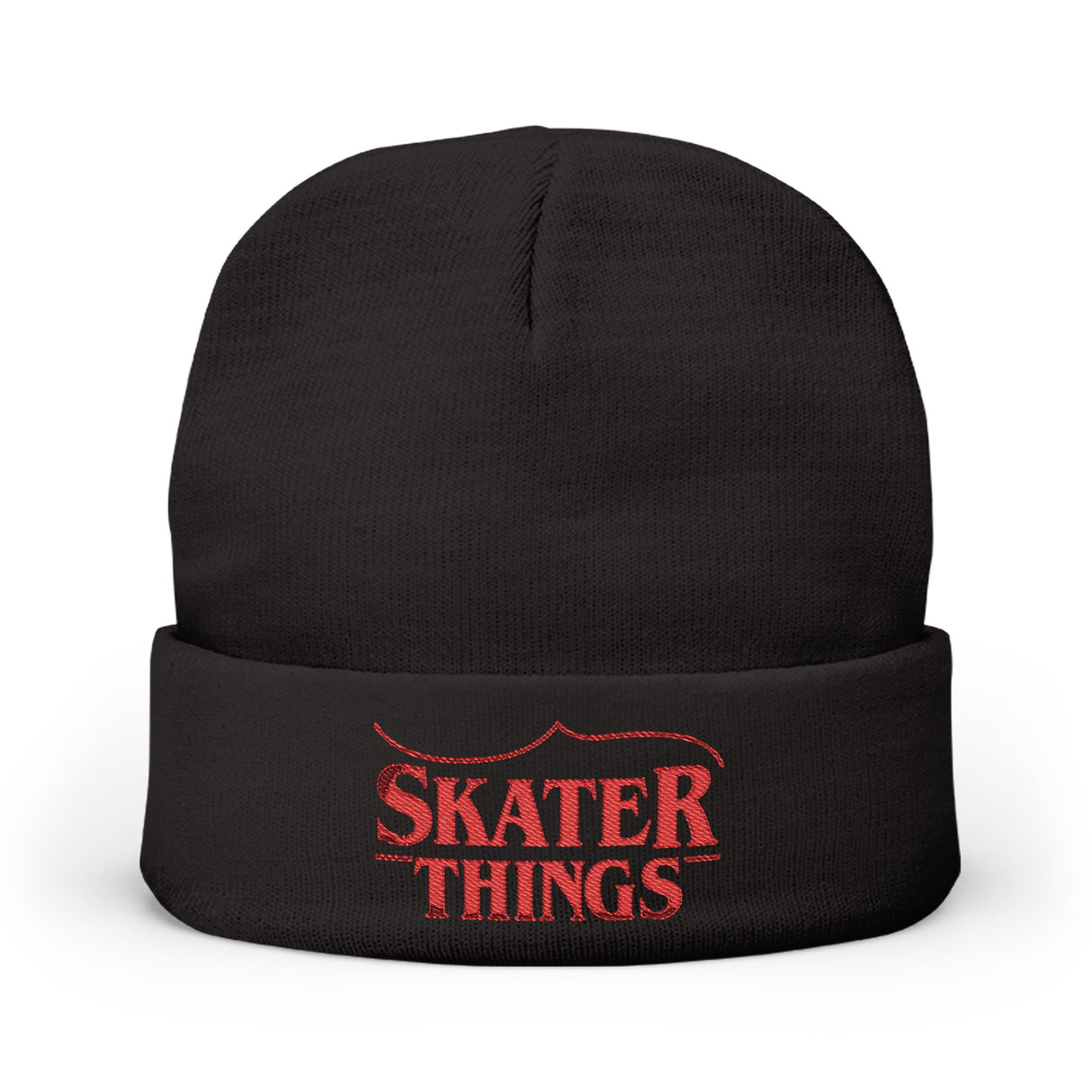Black beanie with 'Skater Things' text in red on a white background