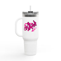 White tumbler with pink 'Skate' design on a white background