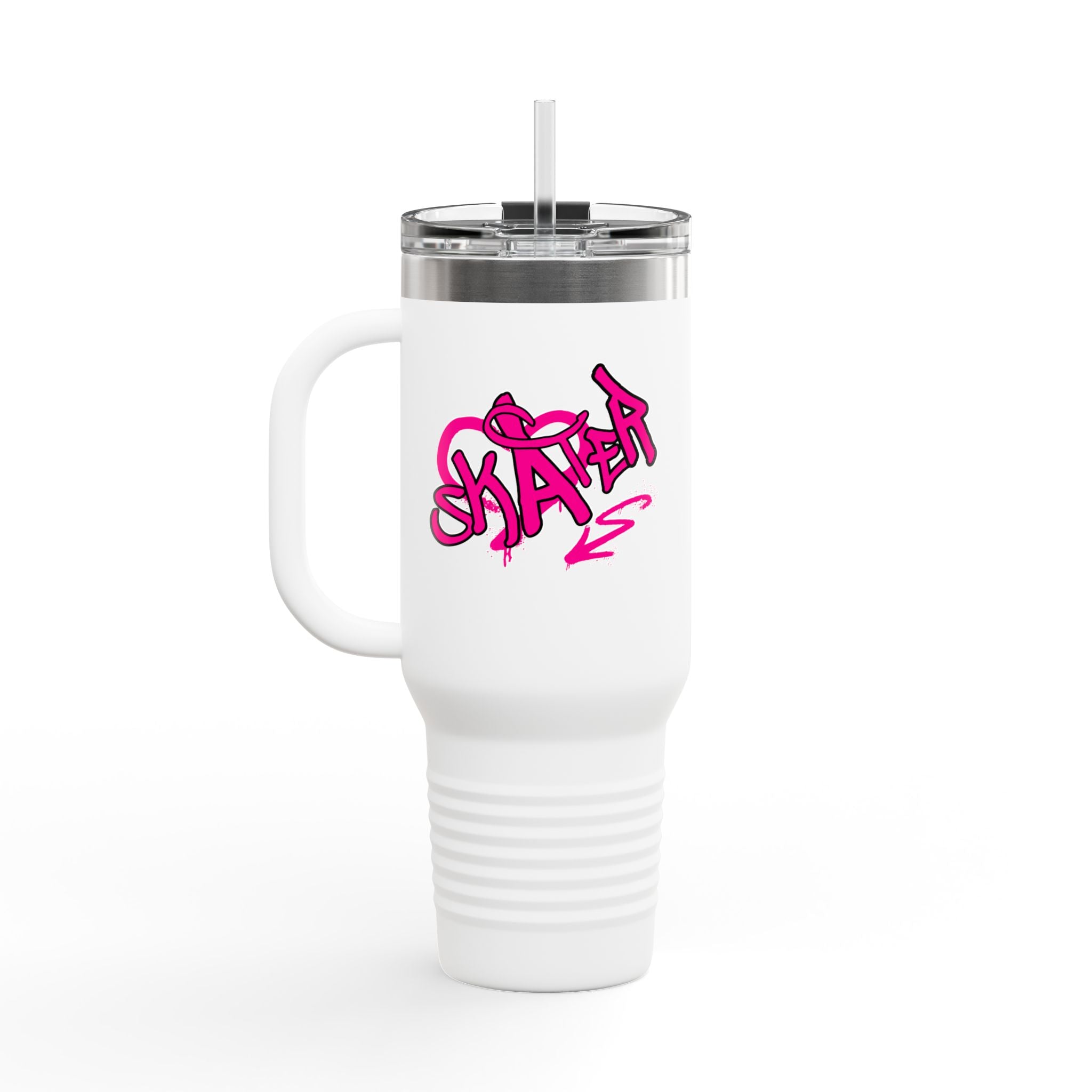 White tumbler with pink 'Skate' design on a white background