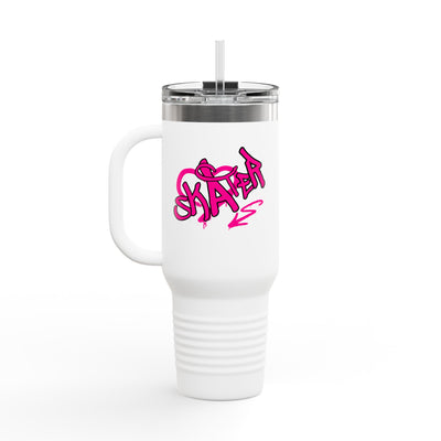 White tumbler with pink 'Skate' design on a white background