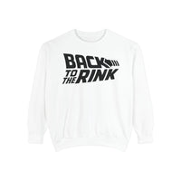 White sweatshirt with 'Back to the Rink' text on a white background