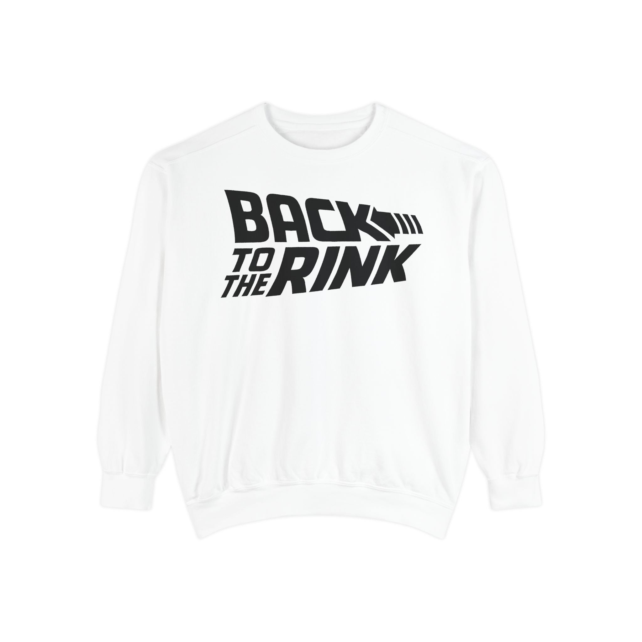 White sweatshirt with 'Back to the Rink' text on a white background