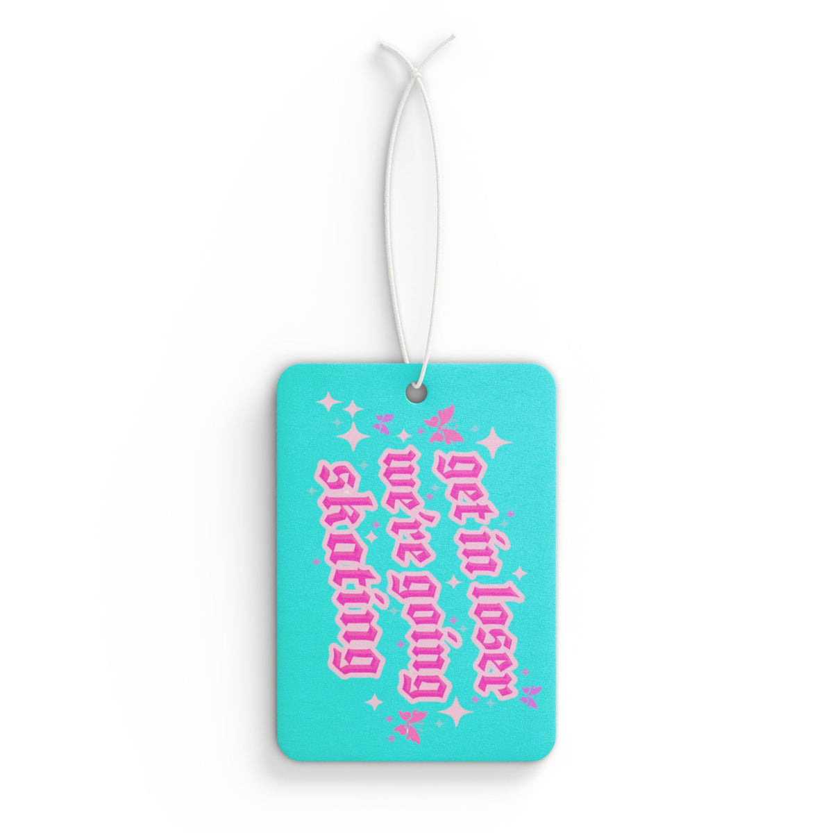 Turquoise luggage tag with pink text on a white background