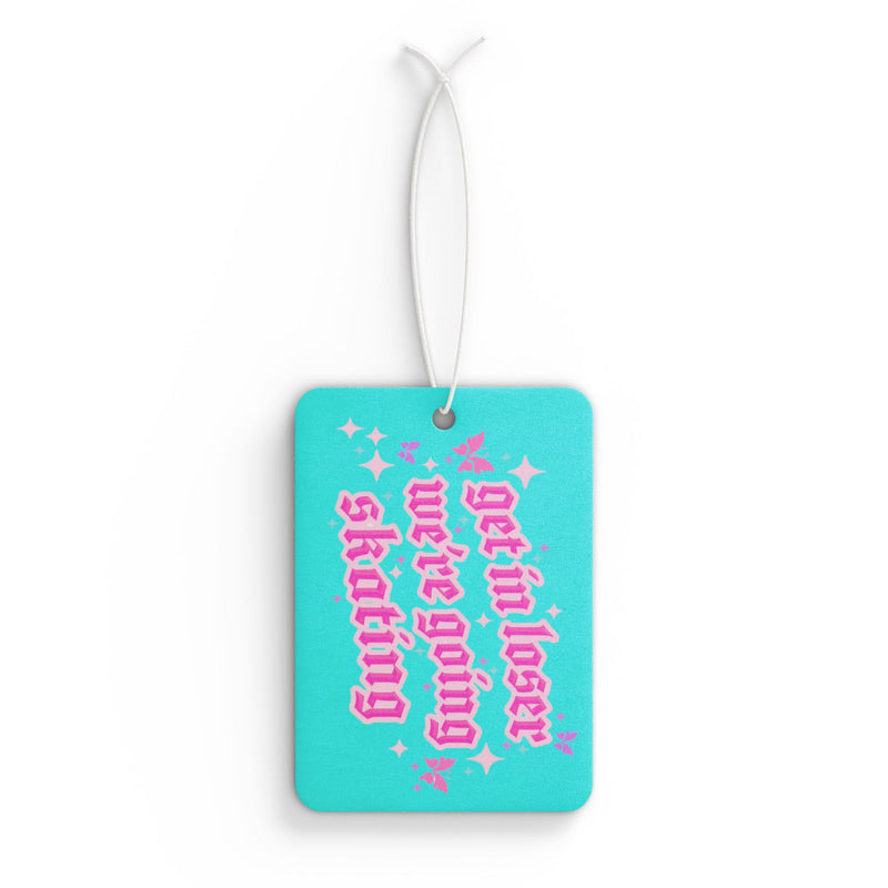 Turquoise luggage tag with pink text on a white background
