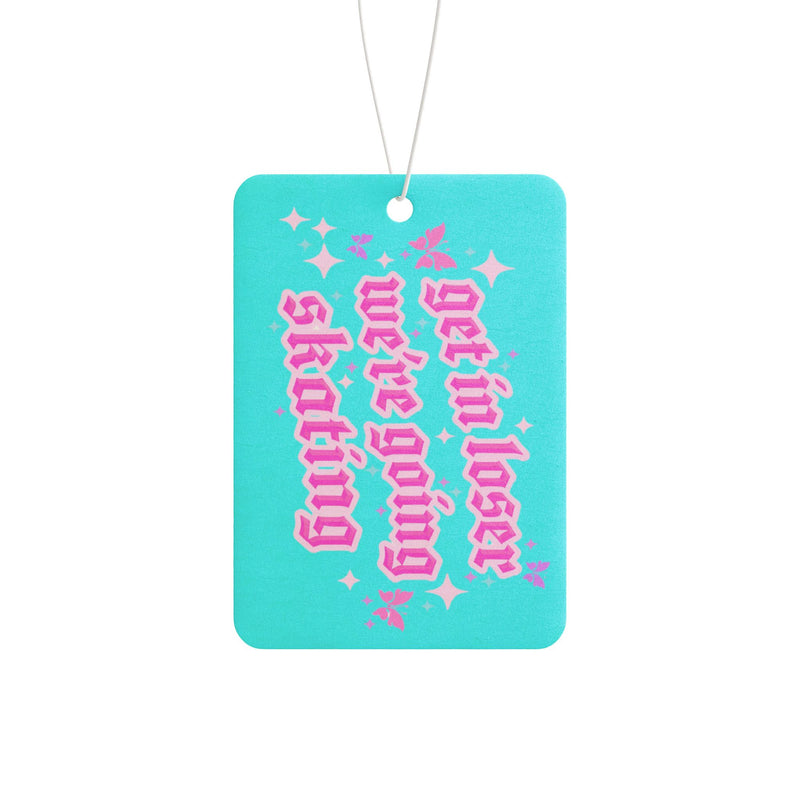 Turquoise air freshener with pink text on a white background