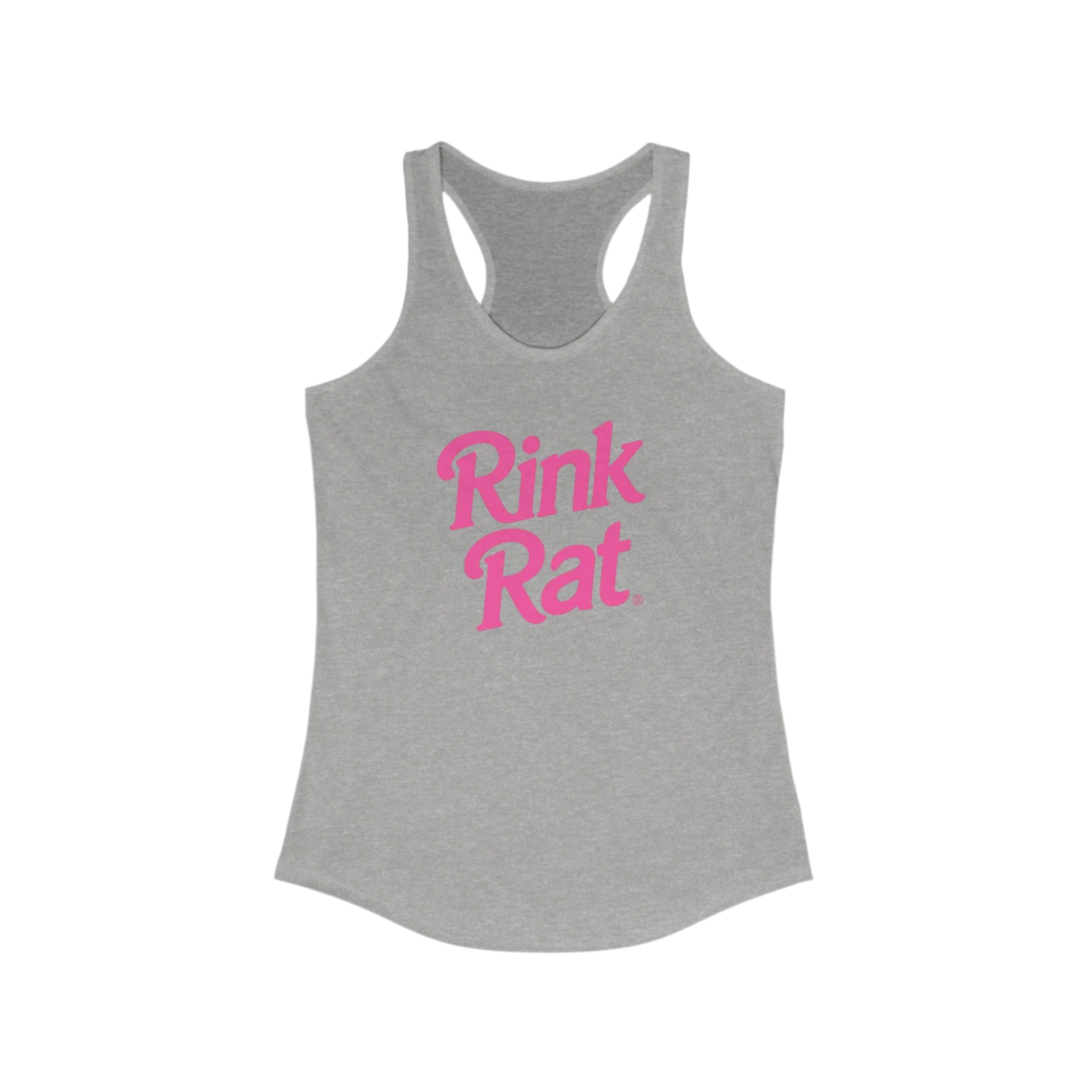 Gray tank top with pink 'Rink Rat' text on a white background