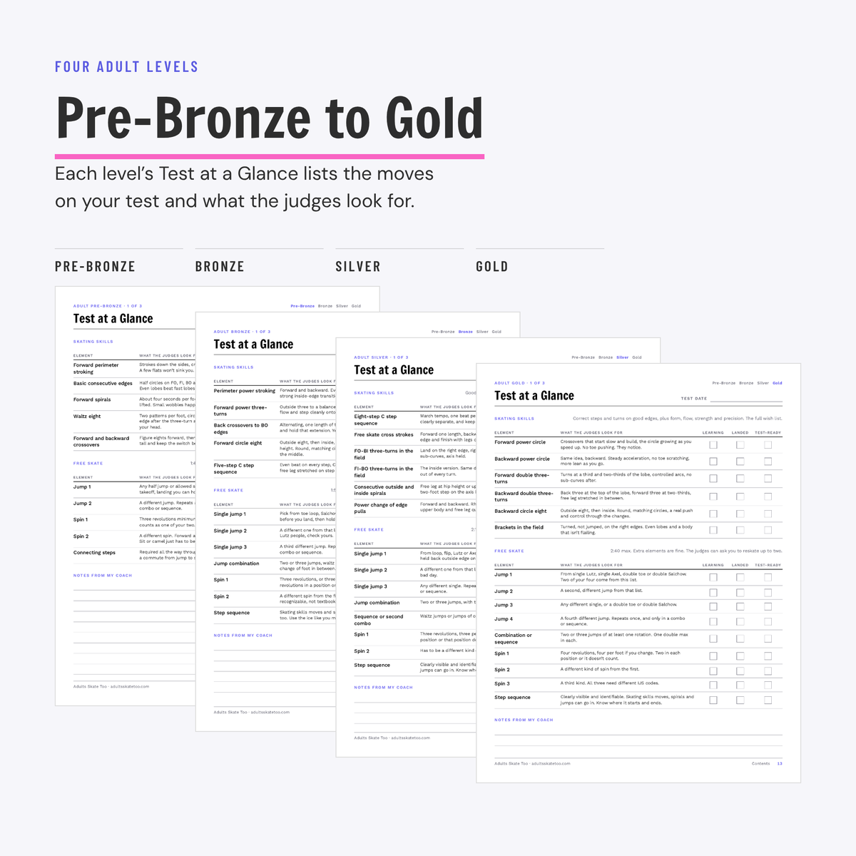 The Test at a Glance pages for Adult Pre-Bronze, Bronze, Silver and Gold, laid out side by side