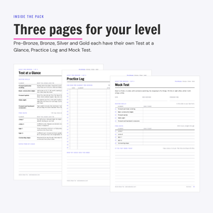 The three Adult Pre-Bronze pages from the Adult Test Prep Pack: Test at a Glance, Practice Log and Mock Test