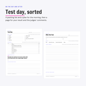 The Test Day page with a packing list and a plan for the morning, next to the After the Test page for your result and the judges' comments