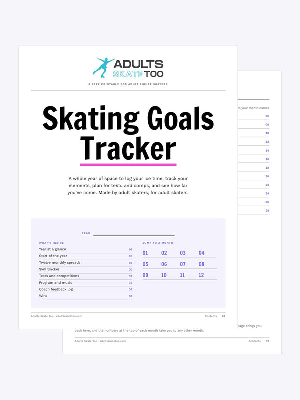 Skating Goals Tracker cover page with the contents page behind it