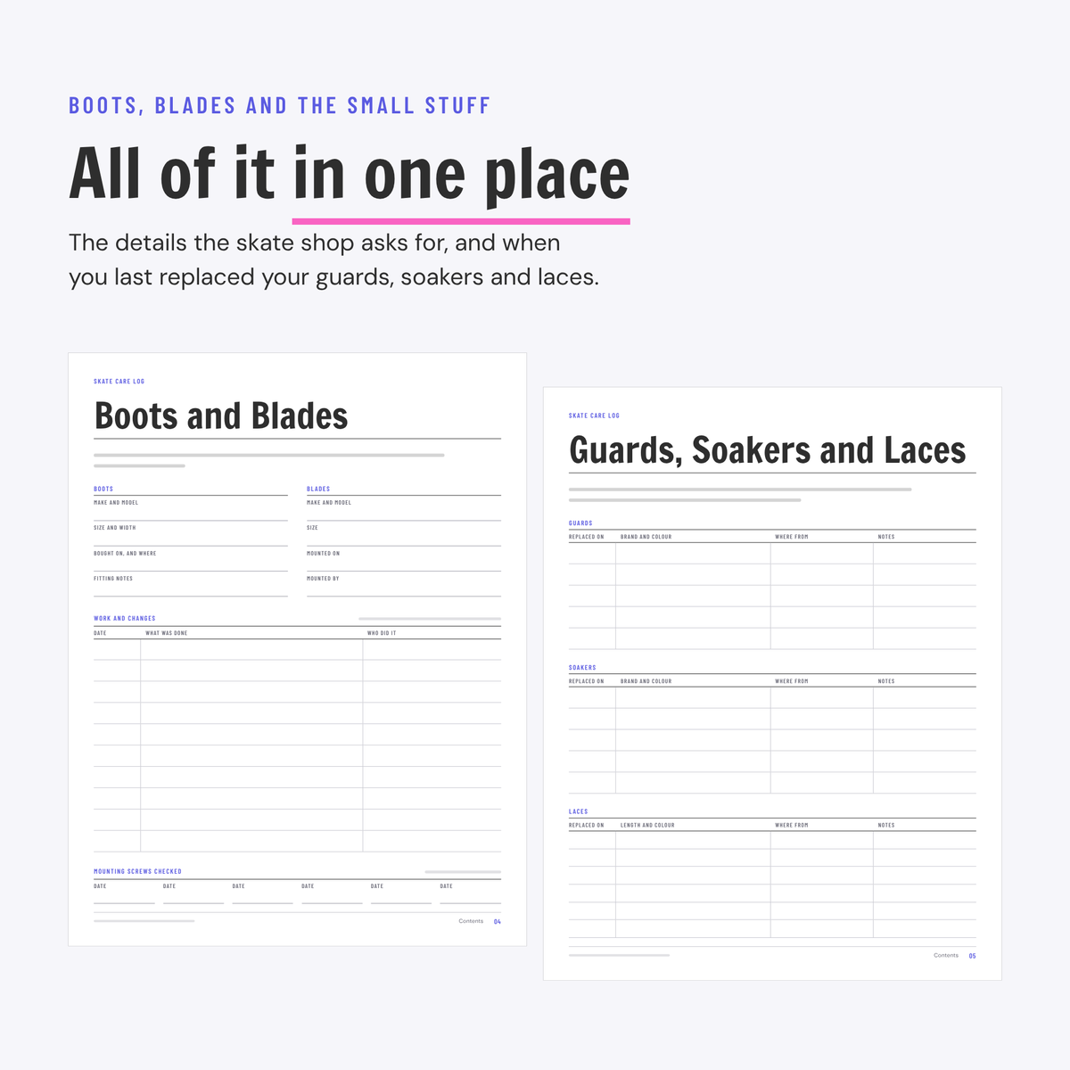 Skate Care Log printable, preview