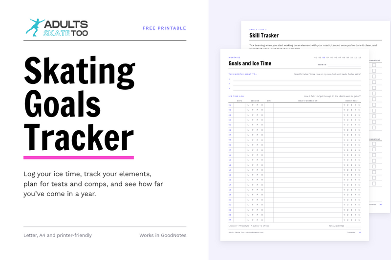 Cover of the free Skating Goals Tracker printable from Adults Skate Too