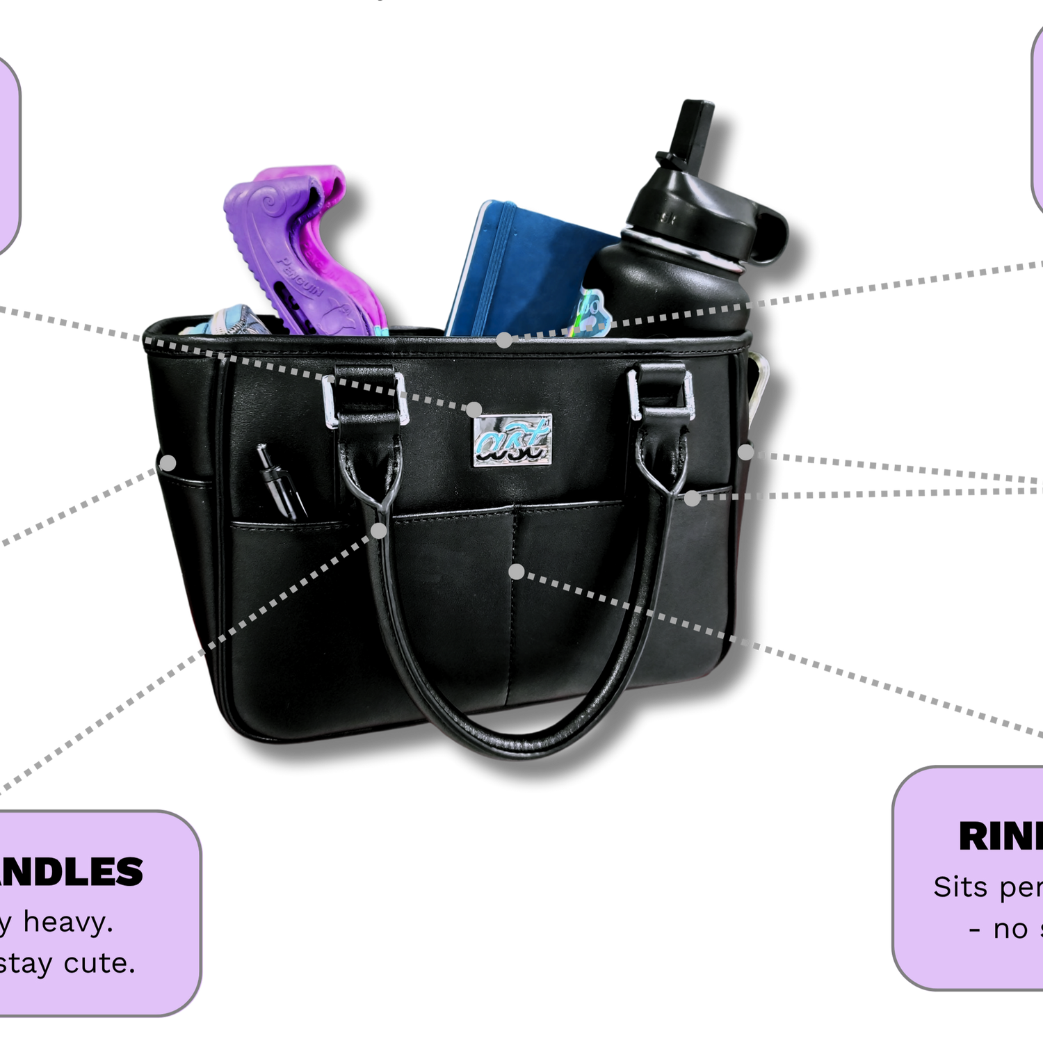 Black rink side tote with features highlighted on a white background