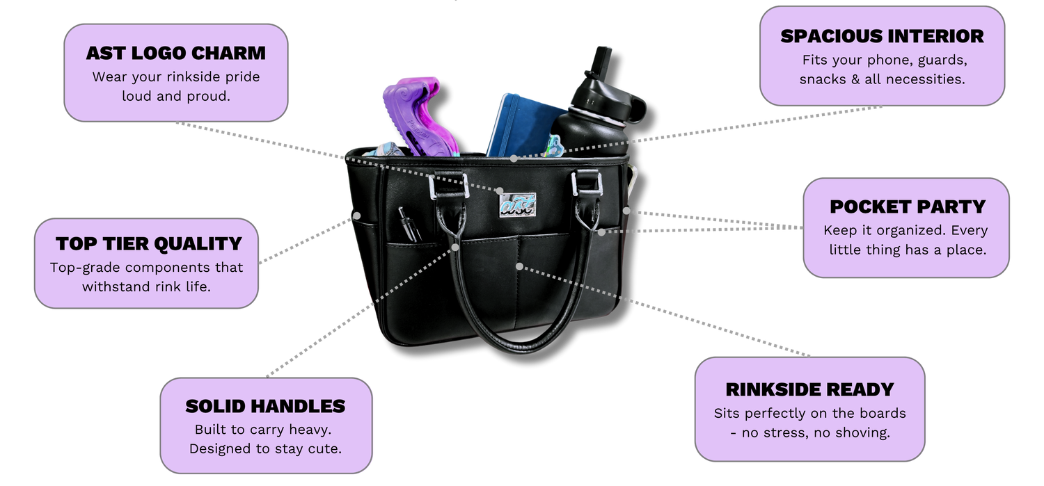 Black rink side tote with features highlighted on a white background