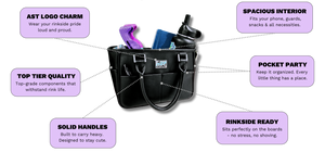 Black rink side tote with features highlighted on a white background