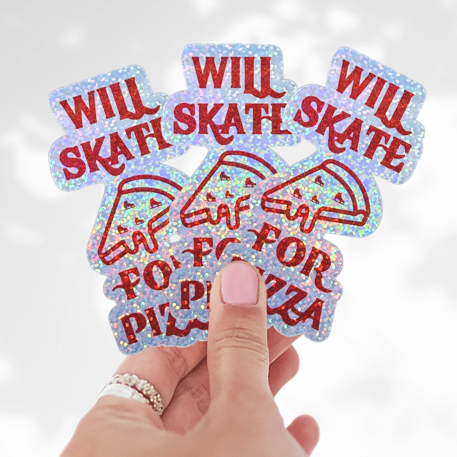 Will Skate For Pizza Sparkle Holo Stickers