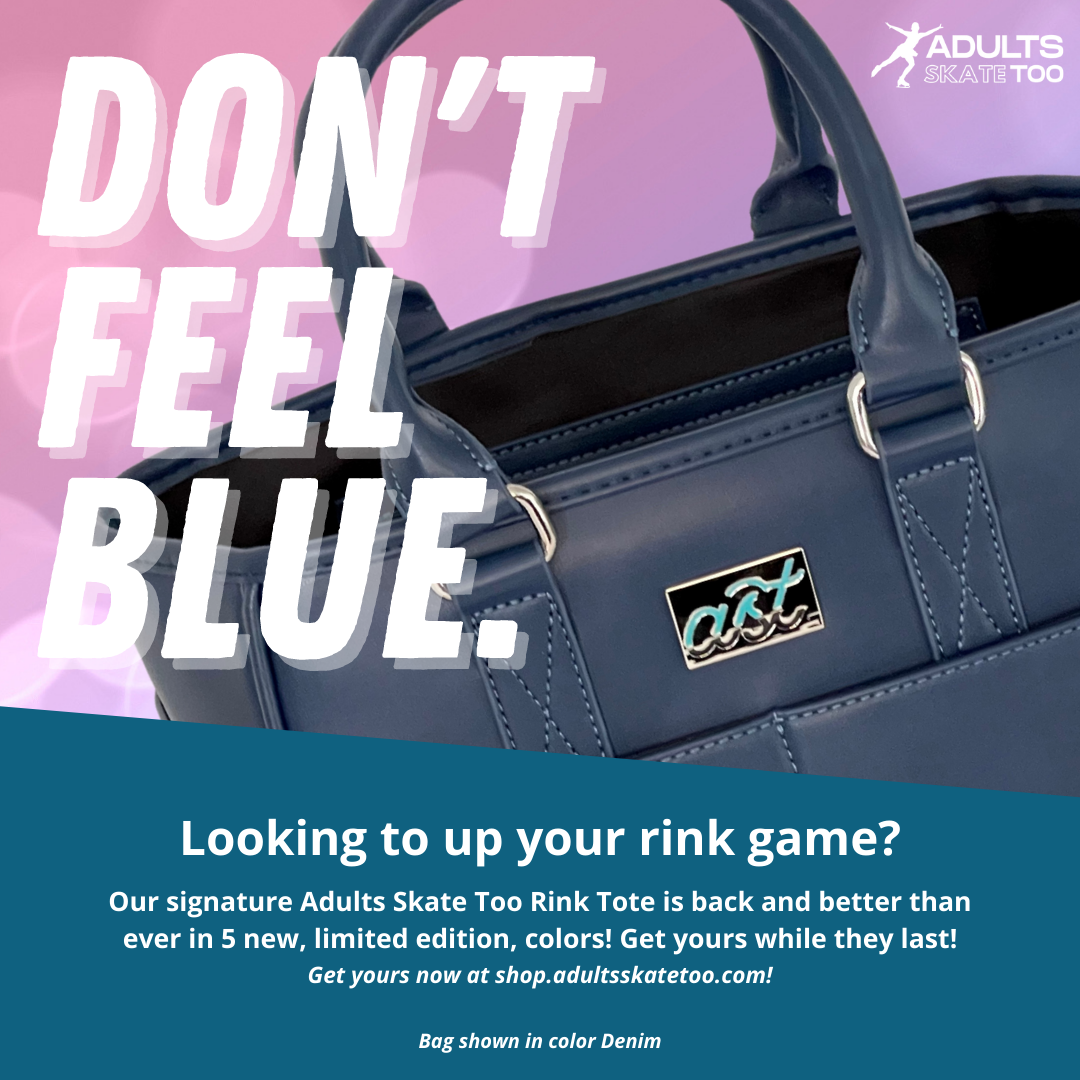 Blue handbag with 'Adults Skate Too' logo on a pink and blue gradient background with promotional text.