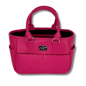 Magenta Rink Side Tote, a hot pink vegan leather tote with short handles, front pockets and an ast badge