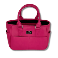 Magenta Rink Side Tote, a hot pink vegan leather tote with short handles, front pockets and an ast badge