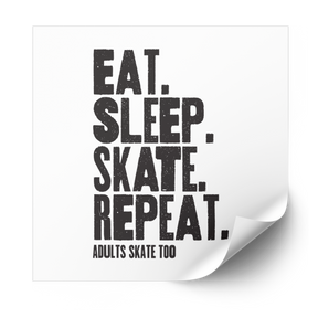 Eat Sleep Skate Repeat heat transfer in stacked black distressed letters on a white backing sheet