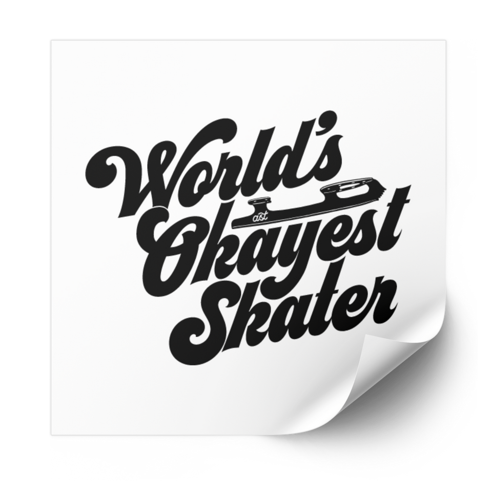World's Okayest Skater heat transfer in black retro script with a skate blade, on a white backing sheet