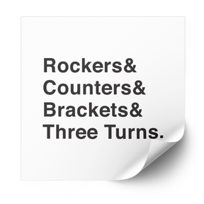 Heat transfer reading Rockers and Counters and Brackets and Three Turns in black on a white backing sheet