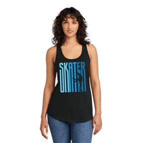 Black racerback tank with SKATER in blue ombre stripes around a skater silhouette, worn by a model