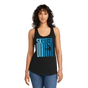 Black racerback tank with SKATER in blue ombre stripes around a skater silhouette, worn by a model
