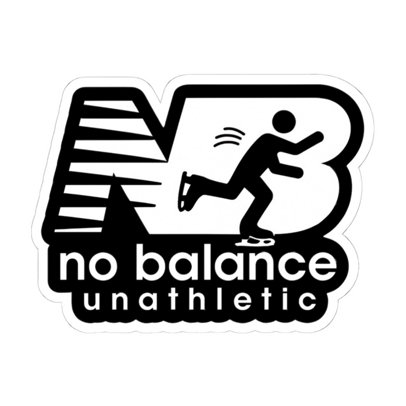 Sticker with a humorous design of a person falling off a mountain, labeled 'no balance unathletic'.