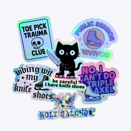 Mystery Sticker Bundle: six holographic skating stickers laid out