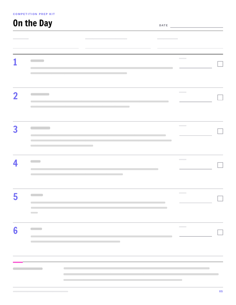 The On the Day page from the Competition Prep Kit
