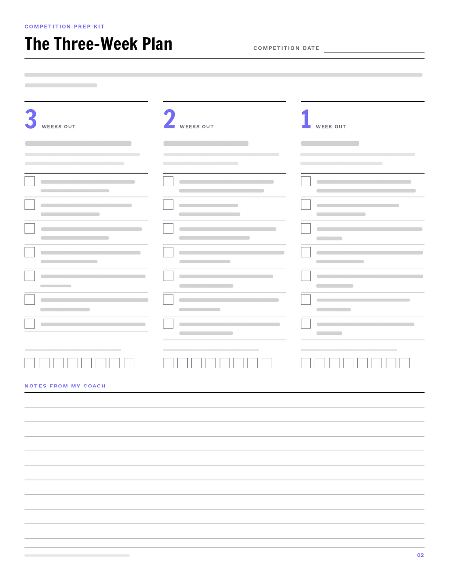 The Three-Week Plan page from the Competition Prep Kit