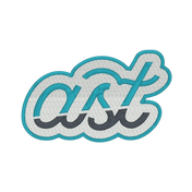 Embroidered AST monogram patch, the ast script in white with a teal outline