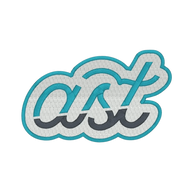 Embroidered AST monogram patch, the ast script in white with a teal outline