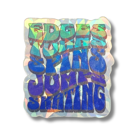 Holographic sticker with colorful text on a white background