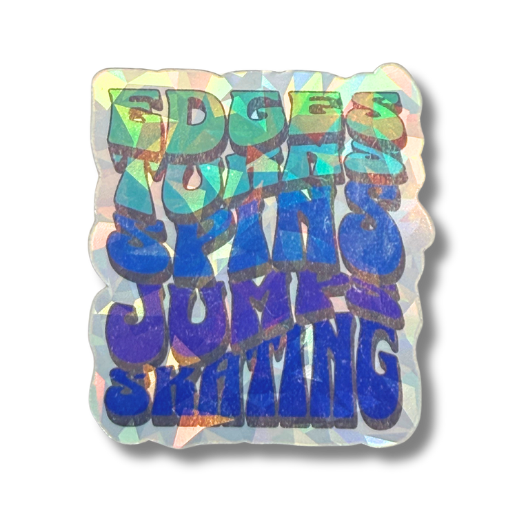 Holographic sticker with colorful text on a white background