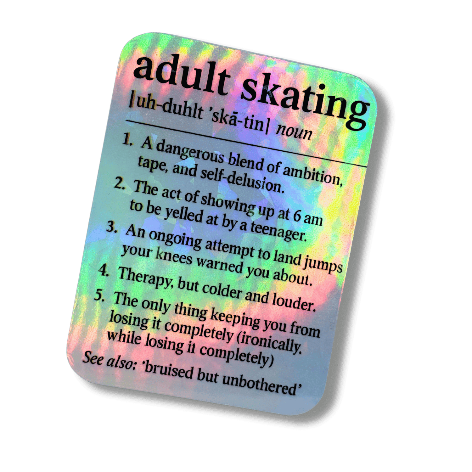 Definition of 'adult skating' on a colorful background with a red border