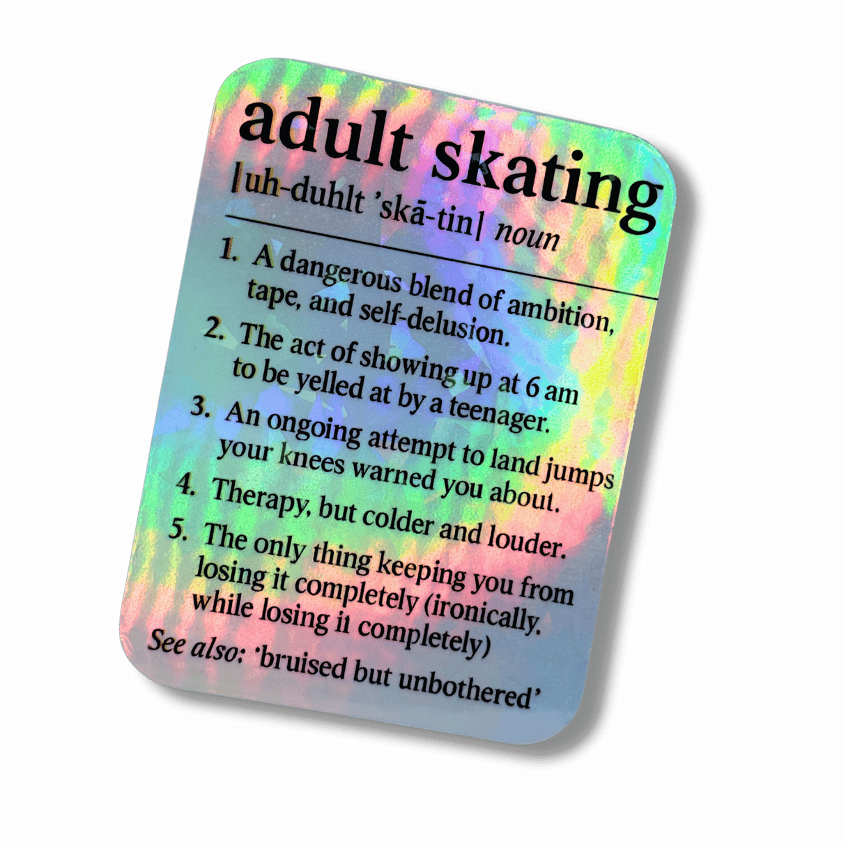 Definition of 'adult skating' on a colorful background with a red border