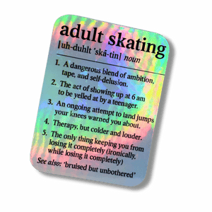 Definition of 'adult skating' on a colorful background with a red border