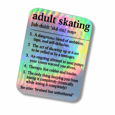 Definition of 'adult skating' on a colorful background with a red border