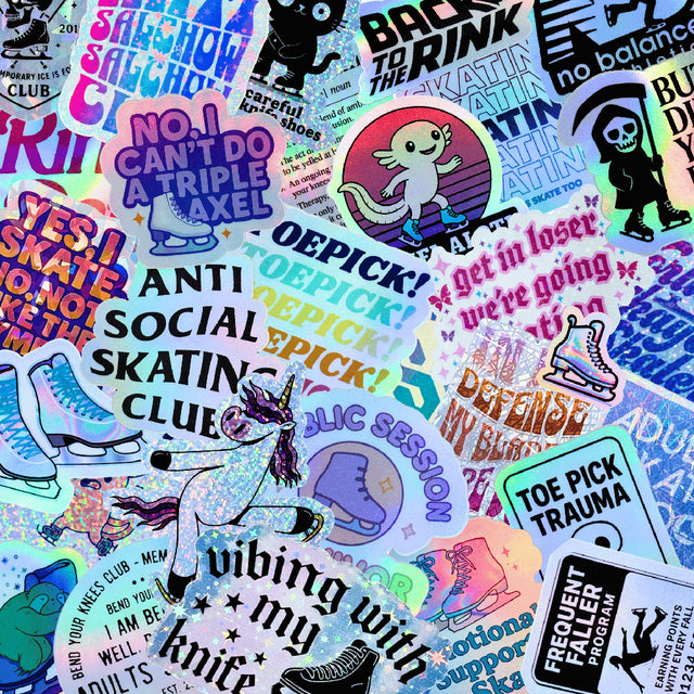 A pile of holographic Adults Skate Too stickers, including Anti Social Skating Club and Toepick Trauma Club