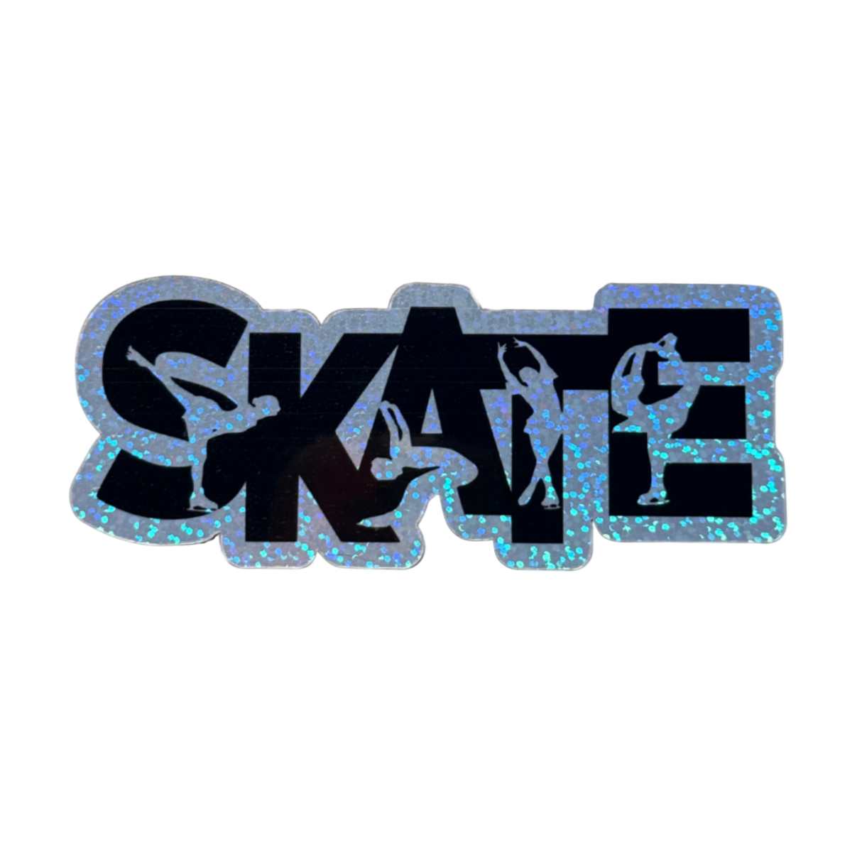 Black 'SKATE' decal with skater illustrations on a white background